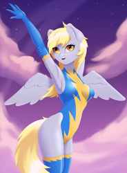 Size: 2800x3800 | Tagged: safe, artist:junglemango, derpibooru import, derpy hooves, anthro, pegasus, arm behind head, armpits, blonde, blonde mane, blonde tail, blue gloves, blue stockings, breasts, clothes, cloud, evening gloves, female, gloves, golden eyes, gray coat, latex, latex gloves, latex leotard, latex stockings, legs together, leotard, long gloves, looking up, mare, night, night sky, open mouth, open smile, raised arms, skintight clothes, sky, smiling, solo, spread wings, stockings, stretching, thigh highs, uniform, wings, wonderbolt trainee uniform
