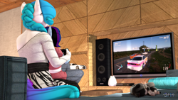 Size: 1920x1080 | Tagged: safe, artist:anthroponiessfm, derpibooru import, oc, oc:aurora starling, oc:maple cake, anthro, cat, 3d, anthro oc, braid, cute, female, forza horizon 5, playing, sitting on lap, source filmmaker, wholesome