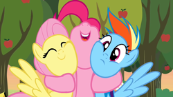 Size: 1280x720 | Tagged: safe, derpibooru import, screencap, fluttershy, pinkie pie, rainbow dash, earth pony, pegasus, pony, season 2, the super speedy cider squeezy 6000, ^^, apple, apple tree, cute, diapinkes, eyes closed, female, frown, hug, mare, nose in the air, open mouth, open smile, outdoors, shyabetes, smiling, squishy cheeks, tree, trio, trio female, wings