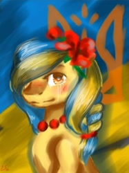 Size: 716x956 | Tagged: safe, artist:vacaquaq, derpibooru import, oc, oc:ukraine, pony, bruised, bust, crying, current events, flag, flower, flower in hair, nation ponies, ponified, portrait, sad, solo, teary eyes, trident, ukraine