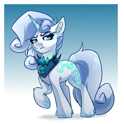 Size: 4000x4000 | Tagged: safe, artist:witchtaunter, derpibooru import, oc, oc only, oc:blizzard, pony, unicorn, absurd resolution, chest fluff, commission, ear fluff, ears, female, frown, full body, gradient background, hooves, horn, ice, looking at you, mare, raised hoof, raised leg, solo, standing, tail, unicorn oc