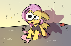 Size: 1400x900 | Tagged: safe, anonymous artist, derpibooru import, fluttershy, pegasus, pony, clothes, costume, cup, fake wings, female, flutterbat costume, looking forward, mare, open mouth, parody, scene parody, shocked, sitting, smiling friends, solo, style emulation