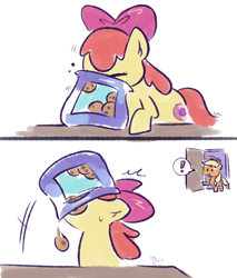 Size: 1024x1200 | Tagged: safe, artist:kukie, derpibooru exclusive, derpibooru import, apple bloom, applejack, earth pony, pony, 2 panel comic, adorabloom, apple bloom's bow, apple sisters, applejack's hat, bag, bow, caught, clothes, comic, cookie, cookie thief, cowboy hat, cute, door, eating, exclamation point, eyes closed, female, filly, foal, food, freckles, hair bow, hat, hooves, hooves on the table, horse problems, mare, motion lines, pictogram, siblings, signature, simple background, sisters, speech bubble, surprised, sweat, sweatdrop, table, white background