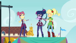 Size: 3410x1920 | Tagged: safe, derpibooru import, screencap, applejack, sci-twi, sour sweet, twilight sparkle, equestria girls, friendship games, archery, canterlot high, crying, female, glasses, high res, magic capture device, sleeveless, smiling, trio