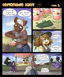 Size: 1067x1280 | Tagged: safe, artist:mortimer todd, derpibooru import, oc, oc only, anthro, earth pony, clothes, comic, dialogue, earth pony oc, hat, juice, lemonade, money, witch hat