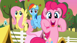 Size: 1280x720 | Tagged: safe, derpibooru import, screencap, fluttershy, pinkie pie, rainbow dash, earth pony, pegasus, pony, season 2, the super speedy cider squeezy 6000, apple, apple tree, cute, diapinkes, excited, female, fence, flying, frown, hooves, mare, open mouth, open smile, outdoors, smiling, spread wings, tent, tree, trio, trio female, wings