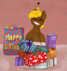 Size: 1773x1866 | Tagged: safe, artist:2k.bugbytes, oc, oc only, oc:acres, earth pony, pony, birthday, blonde, blonde mane, brown coat, chest fluff, coat markings, earth pony oc, eyes closed, gift art, male, party hat, present, smiling, socks (coat marking), solo, stallion