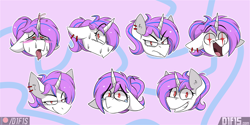 Size: 1600x800 | Tagged: safe, artist:difis, derpibooru import, oc, oc only, oc:purpleflare, unicorn, ahegao, commission, crying, ear piercing, earring, embarrassed, emotes, jewelry, open mouth, piercing, smug, tongue, tongue out, ych result