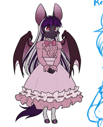 Size: 689x850 | Tagged: safe, artist:askbubblelee, oc, oc only, oc:midnight mural, anthro, bat pony, unguligrade anthro, anthro oc, bat pony oc, clothes, cute, digital art, dress, fangs, female, filly, foal, freckles, hnnng, ocbetes, simple background, slit eyes, smiling, solo, white background