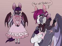 Size: 3300x2452 | Tagged: safe, artist:askbubblelee, oc, oc only, oc:midnight mural, anthro, bat pony, unguligrade anthro, anthro oc, baby, bat pony oc, clothes, cute, digital art, dress, fangs, father and child, father and daughter, female, filly, foal, freckles, hnnng, male, parent and child, simple background, slit eyes, smiling, stallion