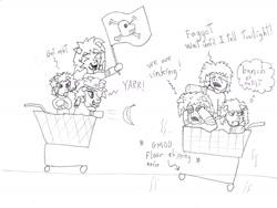 Size: 1276x958 | Tagged: safe, artist:venanon, oc, oc:anon filly, autistic screeching, food fight, pirate, roleplaying, shopping cart, silly