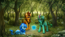 Size: 2000x1125 | Tagged: safe, artist:inowiseei, derpibooru import, oc, oc only, oc:terra nova, kirin, crepuscular rays, cube, forest, kirin oc, trio