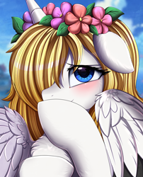 Size: 1424x1764 | Tagged: safe, artist:pridark, derpibooru import, oc, oc only, alicorn, pony, alicorn oc, blushing, floral head wreath, flower, hair over one eye, horn, solo, wings