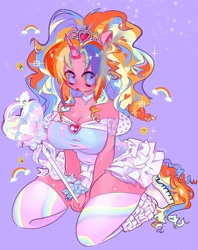 Size: 942x1190 | Tagged: safe, artist:hanamario87, artist:raimugi____, derpibooru import, oc, oc only, oc:gum syrup, anthro, unicorn, big breasts, breasts, cane, clothes, cloud, crown, crystal heart, female, gem, heart, heart eyes, horn, jewelry, looking at you, mare, rainbow, regalia, smiley face, socks, solo, stockings, thigh highs, wingding eyes