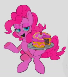 Size: 905x1014 | Tagged: safe, artist:poneko-chan, derpibooru import, pinkie pie, earth pony, pony, bipedal, cake, cherry, female, food, gray background, hoof hold, lidded eyes, looking at you, mare, open mouth, open smile, plate, simple background, smiling, smiling at you, solo