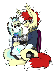 Size: 1683x2250 | Tagged: safe, artist:aaathebap, derpibooru import, oc, oc only, oc:aaaaaaaaaaa, oc:swifty breeze, bat pony, pegasus, pony, fallout equestria, cute, duo, hug, overwatch, simple background, transparent background