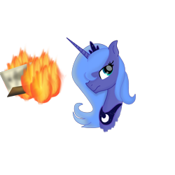 Size: 2960x2960 | Tagged: safe, alternate version, artist:aonatsu_ki, artist:naturajellyfish, derpibooru import, princess luna, alicorn, pony, crown, female, fire, frown, high res, jewelry, luna burning a poster, mare, moon, peytral, poster, regalia, s1 luna, simple background, solo, transparent background