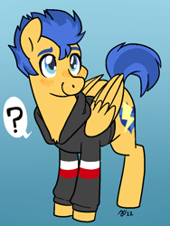 Size: 751x1000 | Tagged: safe, artist:/d/non, derpibooru import, flash sentry, pegasus, blue hair, blushing, clothes, equestria girls outfit, hoodie, male, question mark, smiling, stallion