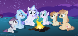 Size: 4776x2220 | Tagged: safe, artist:moonnightshadow-mlp, derpibooru import, oc, oc only, oc:apple sugar, oc:golden apple, oc:lily emerald, oc:rainbow nova, oc:sky thunder, oc:violet crystal, dracony, earth pony, hybrid, pegasus, pony, unicorn, campfire, fire, interspecies offspring, magic, offspring, parent:applejack, parent:caramel, parent:rainbow dash, parent:rarity, parent:rumble, parent:scootaloo, parent:soarin', parent:spike, parents:carajack, parents:rumbloo, parents:soarindash, parents:sparity