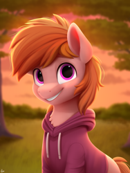 Size: 1500x2000 | Tagged: safe, artist:luminousdazzle, derpibooru import, oc, oc only, oc:stuben, earth pony, birthday gift, bust, chest fluff, clothes, grin, happy, hoodie, looking at you, magenta eyes, male, portrait, scenery, semi-realistic, smiling, solo, stallion, sunset