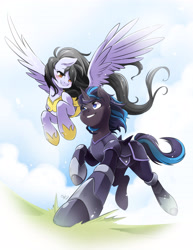 Size: 2975x3850 | Tagged: safe, artist:nekoshiei, derpibooru import, oc, oc only, oc:magic barrier, oc:tail, pegasus, unicorn, armor, armored pony, couple, female, flying, guardsmare, horn, mare, pegasus oc, royal guard, royal guard armor, running, unicorn oc