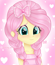 Size: 865x1014 | Tagged: safe, artist:fluttershy_art.nurul, derpibooru import, fluttershy, equestria girls, aquamarine eyes, beautiful, blushing, bow, braid, cute, female, hair bow, hairpin, heart, looking at you, pigtails, pink, pink dress, pink hair, shy, shyabetes, smiling, smiling at you, solo, tape