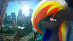 Size: 3840x2160 | Tagged: safe, artist:skanim-sdw, derpibooru import, oc, oc only, oc:darky wings, pony, abandoned, city, crying, destroyed, female, multicolored hair, overgrown, sad, sun, teary eyes