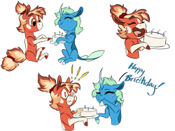 Size: 2732x2048 | Tagged: safe, artist:ask-y, derpibooru import, oc, oc only, changedling, changeling, earth pony, pony, unicorn, birthday cake, bust, cake, changedling oc, changeling oc, earth pony oc, food, happy birthday, horn, simple background, smiling, transparent background, unicorn oc