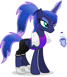 Size: 4549x5208 | Tagged: safe, artist:anime-equestria, derpibooru import, princess luna, alicorn, pony, alternate hairstyle, bottle, clothes, eyeshadow, female, hairband, horn, levitation, magic, makeup, mare, ponytail, shoes, shorts, simple background, solo, telekinesis, towel, transparent background, vector, water bottle, wings