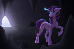 Size: 3084x2048 | Tagged: safe, artist:maybeweed, derpibooru import, starlight glimmer, pony, unicorn, cave, glowing, glowing horn, horn, looking back, raised hoof, raised leg, s5 starlight, solo