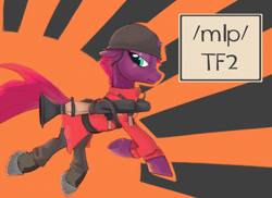 Size: 1378x1003 | Tagged: safe, derpibooru import, fizzlepop berrytwist, tempest shadow, /mlp/, /mlp/ tf2 general, helmet, rocket launcher, soldier