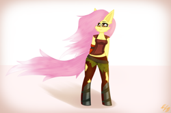 Size: 4080x2700 | Tagged: safe, artist:toxinagraphica, derpibooru import, fluttershy, anthro, unguligrade anthro, belt, borderlands, borderlands 2, breasts, cheek fluff, clothes, cosplay, costume, crossover, ear fluff, ears, eyelashes, female, fluffy, high res, lilith, lipstick, mare, pants, simple background, smiling, socks, solo, torn clothes