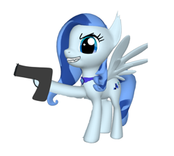 Size: 1144x1024 | Tagged: safe, artist:aonatsu_ki, derpibooru import, oc, oc:gloomer dimmer blue, pegasus, pony, 1000 hours in ms paint, evil grin, fangs, female, grin, gun, mare, pegasus oc, smiling, weapon