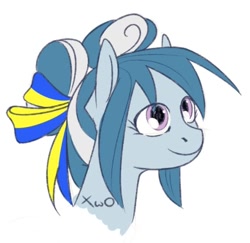 Size: 570x555 | Tagged: safe, artist:xwosya, derpibooru import, oc, oc only, oc:naomi blue, earth pony, pony, bow, bust, female, hair bow, hair bun, pink eyes, portrait, sketch, smiling, solo, ukraine