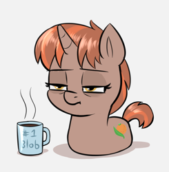 Size: 836x854 | Tagged: safe, artist:heretichesh, derpibooru import, oc, oc:orange pekoe, unicorn, #1, amputee, coffee, colored, female, filly, foal, lying, mug, ponyloaf, prone, quadruple amputee, simple background, sleepy