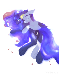 Size: 2367x3000 | Tagged: safe, artist:nyota71, derpibooru import, princess luna, oc, alicorn, pegasus, pony, bedroom eyes, canon x oc, commission, cuddling, duo, ethereal mane, eyes closed, female, heart, heart pillow, male, mare, pillow, rose petals, shipping, smiling, stallion, straight, ych result