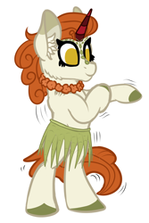 Size: 1720x2572 | Tagged: safe, artist:justapone, derpibooru import, autumn blaze, pony, unicorn, bipedal, cheek fluff, clothes, colored, colored sketch, ear fluff, ears, eyelashes, februpony, female, flat colors, grass skirt, horn, hula, mare, no pupils, simple background, sketch, skirt, smiling, solo, species swap, standing, white background