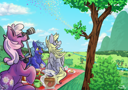 Size: 4092x2893 | Tagged: safe, derpibooru import, cheerilee, derpy hooves, oc, oc:dayandey, butterfly, pony, camera, commission, picnic, scenery, summer