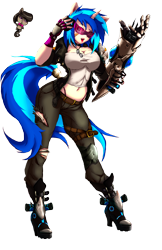 Size: 3300x5100 | Tagged: safe, alternate version, artist:animeclaro, derpibooru import, dj pon-3, octavia melody, vinyl scratch, anthro, cyborg, earth pony, unicorn, breasts, chibi, clothes, cyberpunk, midriff, panties, robotic arm, robotic legs, simple background, sunglasses, thong, transparent background, underwear