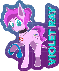 Size: 1049x1253 | Tagged: safe, artist:enragement filly, derpibooru import, oc, oc only, oc:violet ray, earth pony, pony, badge, choker, cutie mark, hair tie, headphones, name tag, simple background, solo, transparent background