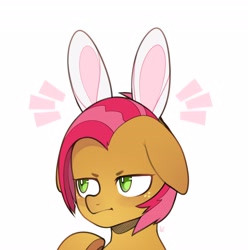 Size: 4064x4096 | Tagged: safe, artist:sugarelement, derpibooru import, babs seed, earth pony, pony, adorababs, bunny ears, bust, cute, female, filly, foal, simple background, solo, unamused, white background