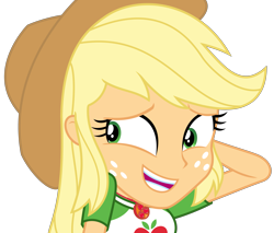 Size: 3725x3178 | Tagged: safe, artist:sketchmcreations, derpibooru import, applejack, equestria girls, equestria girls series, holidays unwrapped, spoiler:eqg series (season 2), applejack's hat, arm behind head, awkward smile, clothes, cowboy hat, female, freckles, geode of super strength, hat, high res, looking away, magical geodes, o come all ye squashful, open mouth, open smile, shirt, simple background, smiling, solo, stetson, teeth, transparent background, vector