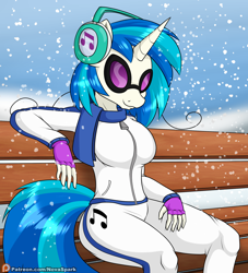 Size: 2000x2200 | Tagged: safe, artist:novaspark, derpibooru import, part of a set, dj pon-3, vinyl scratch, anthro, bench, clothes, female, snow, snowfall, solo