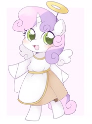 Size: 1460x1965 | Tagged: safe, artist:ginmaruxx, derpibooru import, sweetie belle, angel, pony, unicorn, angelic wings, bipedal, blushing, clothes, costume, cute, diasweetes, fake halo, fake wings, female, filly, floating wings, foal, halo, horn, looking at you, open mouth, solo, sweet dreams fuel, technically alicorn, wings