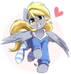 Size: 1400x1464 | Tagged: safe, artist:nekoshiei, derpibooru import, derpy hooves, pegasus, pony, blushing, clothes, cute, derpabetes, female, heart, hoodie, looking at you, mare, open mouth, open smile, patterned background, simple background, smiling, smiling at you, socks, solo, striped socks, thigh highs, white background