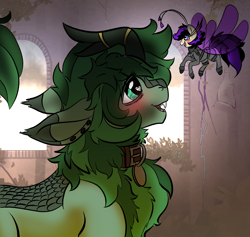 Size: 1266x1200 | Tagged: safe, artist:brainiac, derpibooru import, oc, oc only, oc:shotglass, oc:silent spring, breezie, kirin, blushing, collar, ears, fallout equestria:all things unequal (pathfinder), female, floppy ears, lesbian, mare, solo