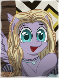 Size: 3600x4800 | Tagged: safe, artist:template93, derpibooru import, oc, oc only, pegasus, pony, colored pupils, commission, eyebrows, eyelashes, feathered wings, female, jewelry, looking at you, magic, mare, necklace, open mouth, open smile, pillow, poster, smiling, smiling at you, sofa, solo, spread wings, wings