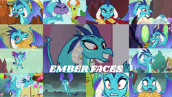 Size: 1280x721 | Tagged: safe, derpibooru import, edit, edited screencap, editor:quoterific, screencap, dragon lord ember, prince rutherford, princess ember, thorax, changedling, changeling, dragon, yak, gauntlet of fire, school daze, season 6, season 7, season 8, season 9, sweet and smoky, triple threat, spoiler:s08, spoiler:s09, angry, close-up, dragoness, ember is not amused, female, flying, king thorax, male, stop talking, unamused