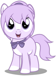 Size: 2360x3220 | Tagged: safe, artist:strategypony, derpibooru import, oc, oc only, oc:mio, earth pony, bowtie, cute, earth pony oc, female, filly, foal, looking at you, looking up, ponytail, simple background, song in the description, transparent background