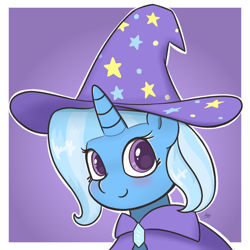 Size: 2160x2160 | Tagged: safe, artist:limitmj, derpibooru import, trixie, pony, unicorn, abstract background, blushing, cape, clothes, cute, diatrixes, hat, looking at you, solo, trixie's cape, trixie's hat